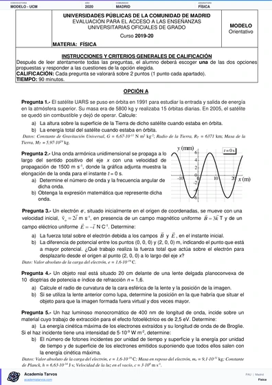 Vista previa de Modelo PAU de Física de Comunidad de Madrid 2020 – Modelo UCM