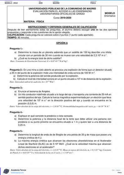 Vista previa de Modelo PAU de Física de Comunidad de Madrid 2020 – Modelo URJC