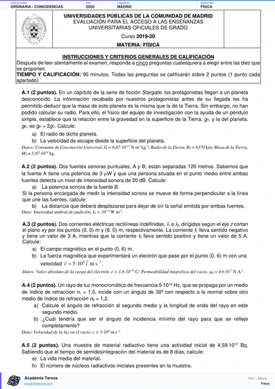 Vista previa de Examen PAU de Física de Comunidad de Madrid 2020 – Ordinaria   Coincidencias
