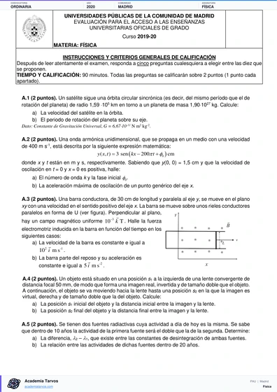 Vista previa de Examen PAU de Física de Comunidad de Madrid 2020 – Ordinaria