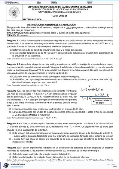 Vista previa de Examen PAU de Física de Comunidad de Madrid 2021 – Extraordinaria