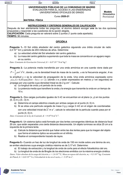 Vista previa de Modelo PAU de Física de Comunidad de Madrid 2021