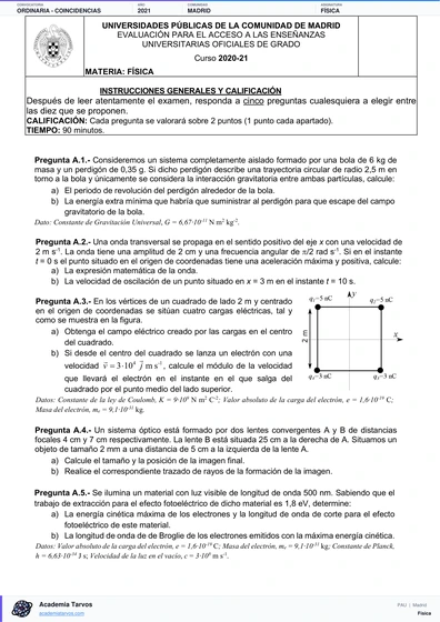 Vista previa de Examen PAU de Física de Comunidad de Madrid 2021 – Ordinaria   Coincidencias