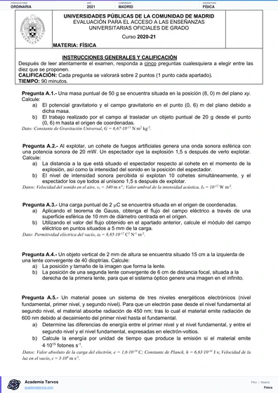 Vista previa de Examen PAU de Física de Comunidad de Madrid 2021 – Ordinaria