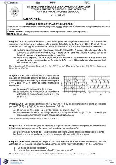 Vista previa de Examen PAU de Física de Comunidad de Madrid 2022 – Extraordinaria
