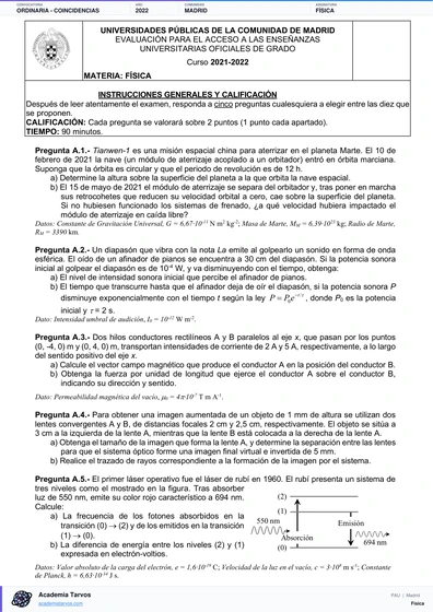 Vista previa de Examen PAU de Física de Comunidad de Madrid 2022 – Ordinaria   Coincidencias