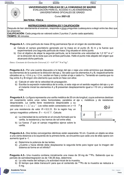 Vista previa de Examen PAU de Física de Comunidad de Madrid 2022 – Ordinaria