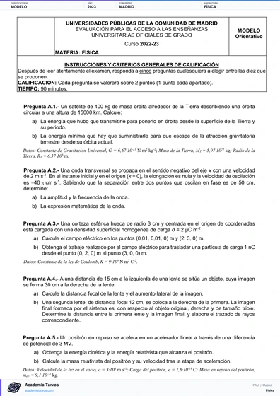 Vista previa de Modelo PAU de Física de Comunidad de Madrid 2023