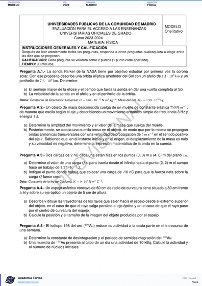 Vista previa de Modelo PAU de Física de Comunidad de Madrid 2024