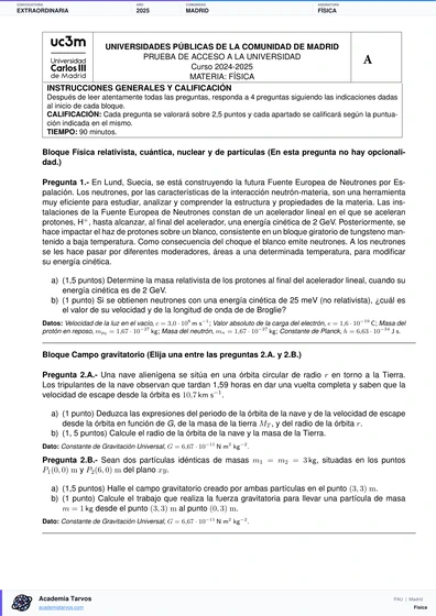 Vista previa de Examen PAU de Física de Comunidad de Madrid 2025 – Extraordinaria
