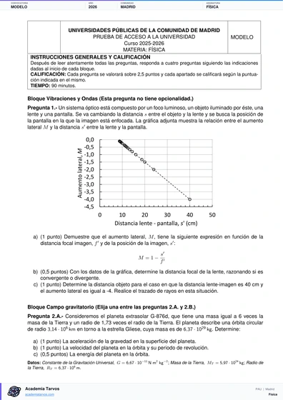 Vista previa de Modelo PAU de Física de Comunidad de Madrid 2026