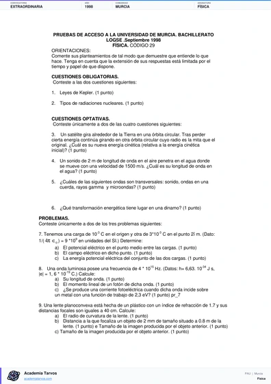 Vista previa de Examen PAU de Física de Región de Murcia 1998 – Extraordinaria