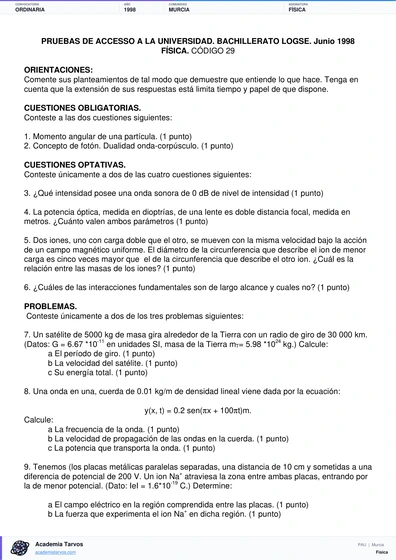 Vista previa de Examen PAU de Física de Región de Murcia 1998 – Ordinaria