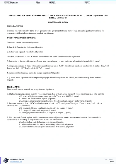 Vista previa de Examen PAU de Física de Región de Murcia 1999 – Extraordinaria