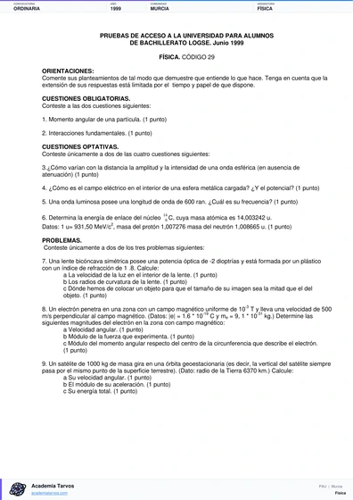Vista previa de Examen PAU de Física de Región de Murcia 1999 – Ordinaria