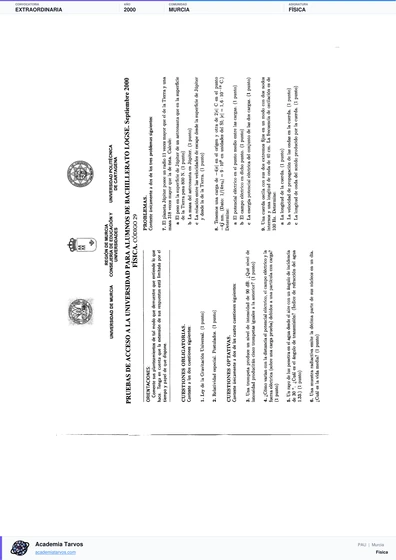 Vista previa de Examen PAU de Física de Región de Murcia 2000 – Extraordinaria