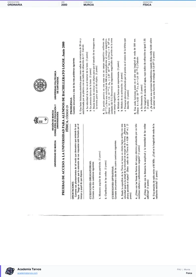 Vista previa de Examen PAU de Física de Región de Murcia 2000 – Ordinaria