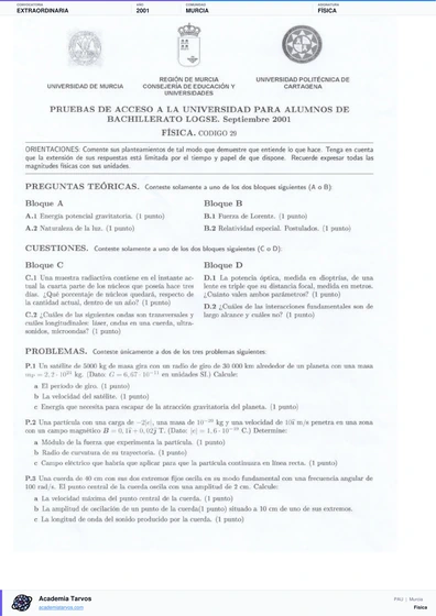 Vista previa de Examen PAU de Física de Región de Murcia 2001 – Extraordinaria