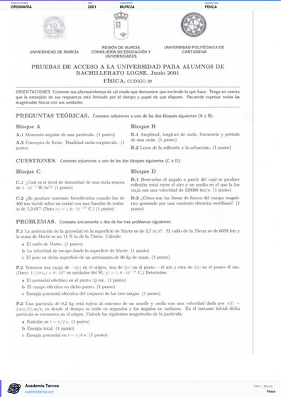Vista previa de Examen PAU de Física de Región de Murcia 2001 – Ordinaria