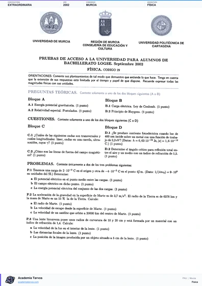 Vista previa de Examen PAU de Física de Región de Murcia 2002 – Extraordinaria