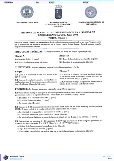 Vista previa de Examen PAU de Física de Región de Murcia 2002 – Ordinaria