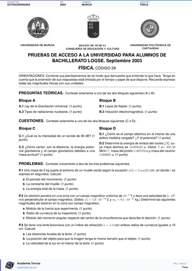 Vista previa de Examen PAU de Física de Región de Murcia 2003 – Extraordinaria