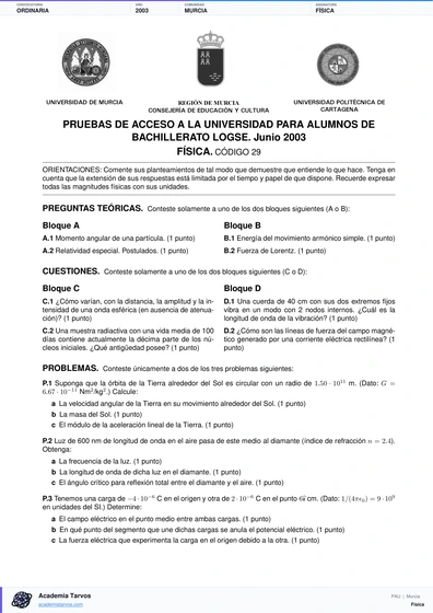 Vista previa de Examen PAU de Física de Región de Murcia 2003 – Ordinaria