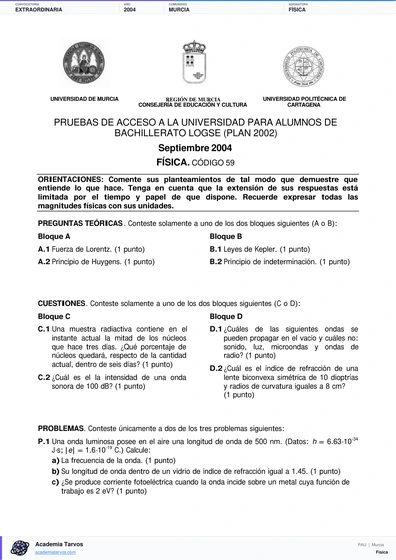 Vista previa de Examen PAU de Física de Región de Murcia 2004 – Extraordinaria