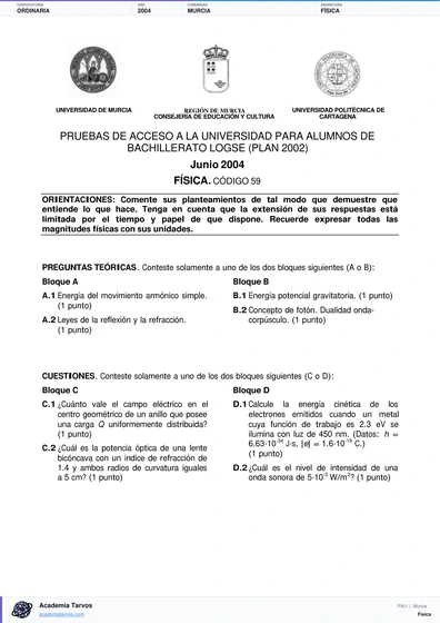 Vista previa de Examen PAU de Física de Región de Murcia 2004 – Ordinaria