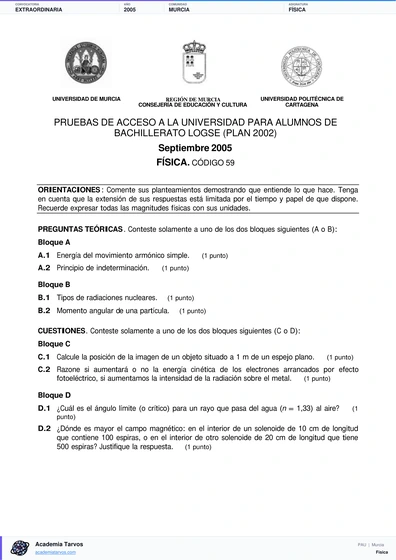 Vista previa de Examen PAU de Física de Región de Murcia 2005 – Extraordinaria