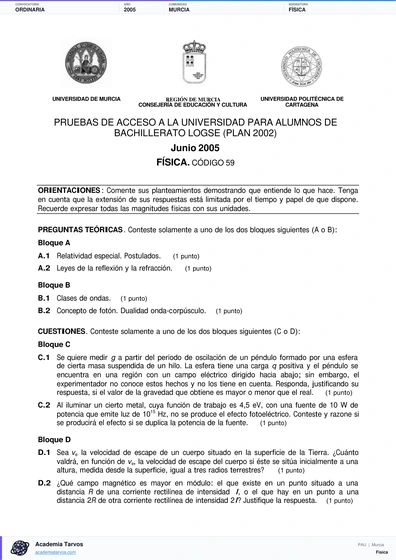 Vista previa de Examen PAU de Física de Región de Murcia 2005 – Ordinaria