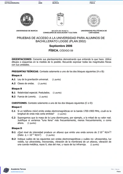 Vista previa de Examen PAU de Física de Región de Murcia 2006 – Extraordinaria
