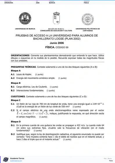 Vista previa de Examen PAU de Física de Región de Murcia 2006 – Ordinaria