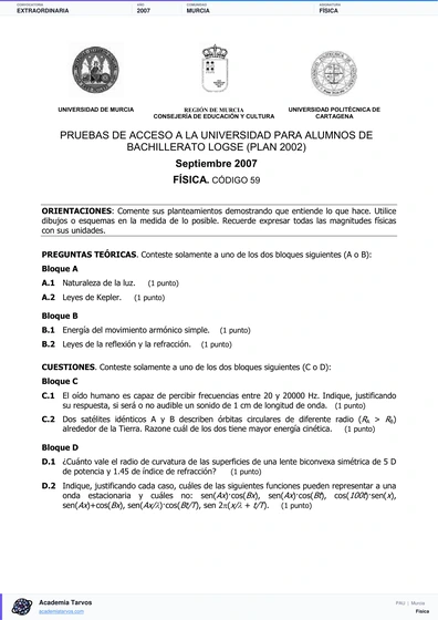 Vista previa de Examen PAU de Física de Región de Murcia 2007 – Extraordinaria