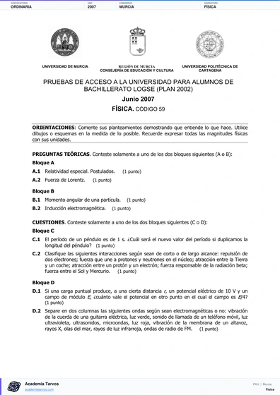 Vista previa de Examen PAU de Física de Región de Murcia 2007 – Ordinaria