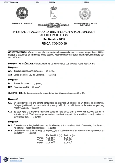 Vista previa de Examen PAU de Física de Región de Murcia 2008 – Extraordinaria