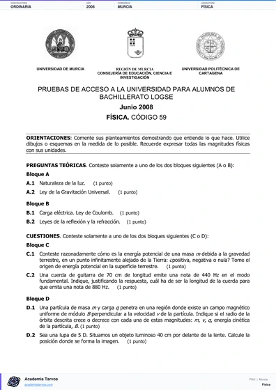 Vista previa de Examen PAU de Física de Región de Murcia 2008 – Ordinaria