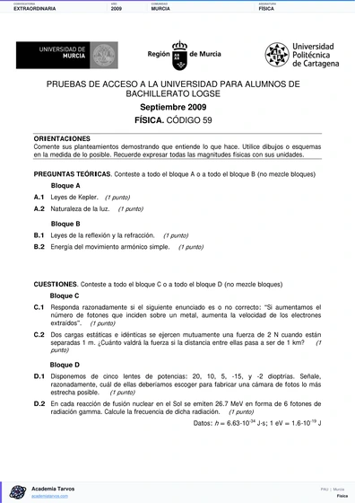Vista previa de Examen PAU de Física de Región de Murcia 2009 – Extraordinaria