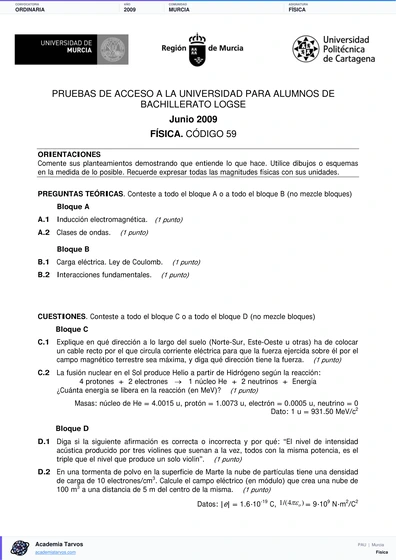 Vista previa de Examen PAU de Física de Región de Murcia 2009 – Ordinaria