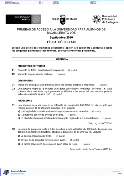 Vista previa de Examen PAU de Física de Región de Murcia 2010 – Extraordinaria