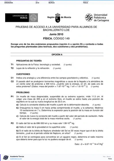 Vista previa de Examen PAU de Física de Región de Murcia 2010 – Ordinaria