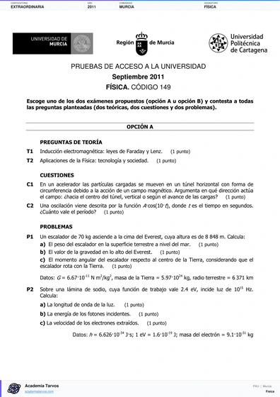 Vista previa de Examen PAU de Física de Región de Murcia 2011 – Extraordinaria