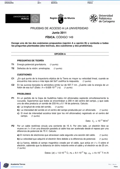 Vista previa de Examen PAU de Física de Región de Murcia 2011 – Ordinaria