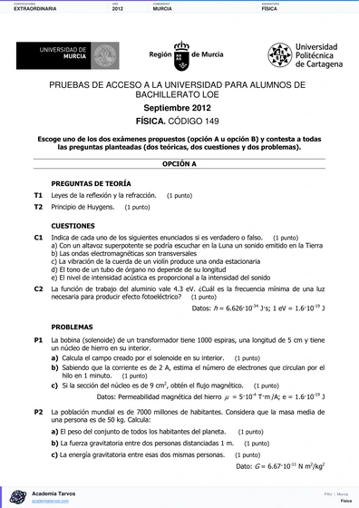 Vista previa de Examen PAU de Física de Región de Murcia 2012 – Extraordinaria