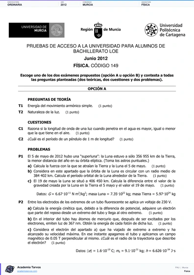 Vista previa de Examen PAU de Física de Región de Murcia 2012 – Ordinaria