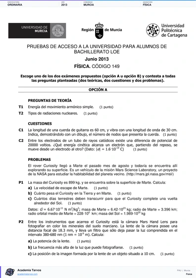 Vista previa de Examen PAU de Física de Región de Murcia 2013 – Ordinaria
