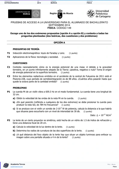 Vista previa de Examen PAU de Física de Región de Murcia 2014 – Extraordinaria