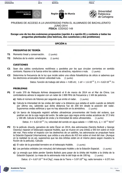 Vista previa de Examen PAU de Física de Región de Murcia 2014 – Ordinaria