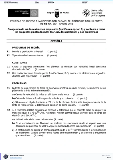 Vista previa de Examen PAU de Física de Región de Murcia 2015 – Extraordinaria