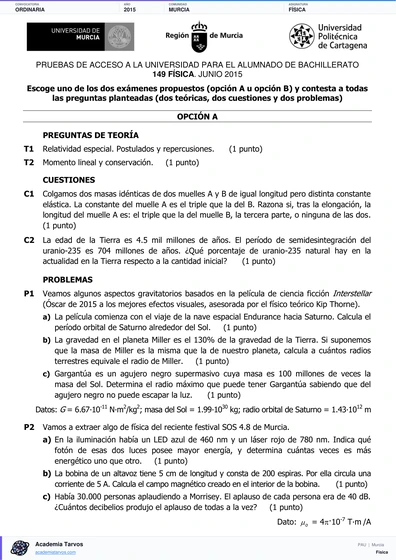 Vista previa de Examen PAU de Física de Región de Murcia 2015 – Ordinaria